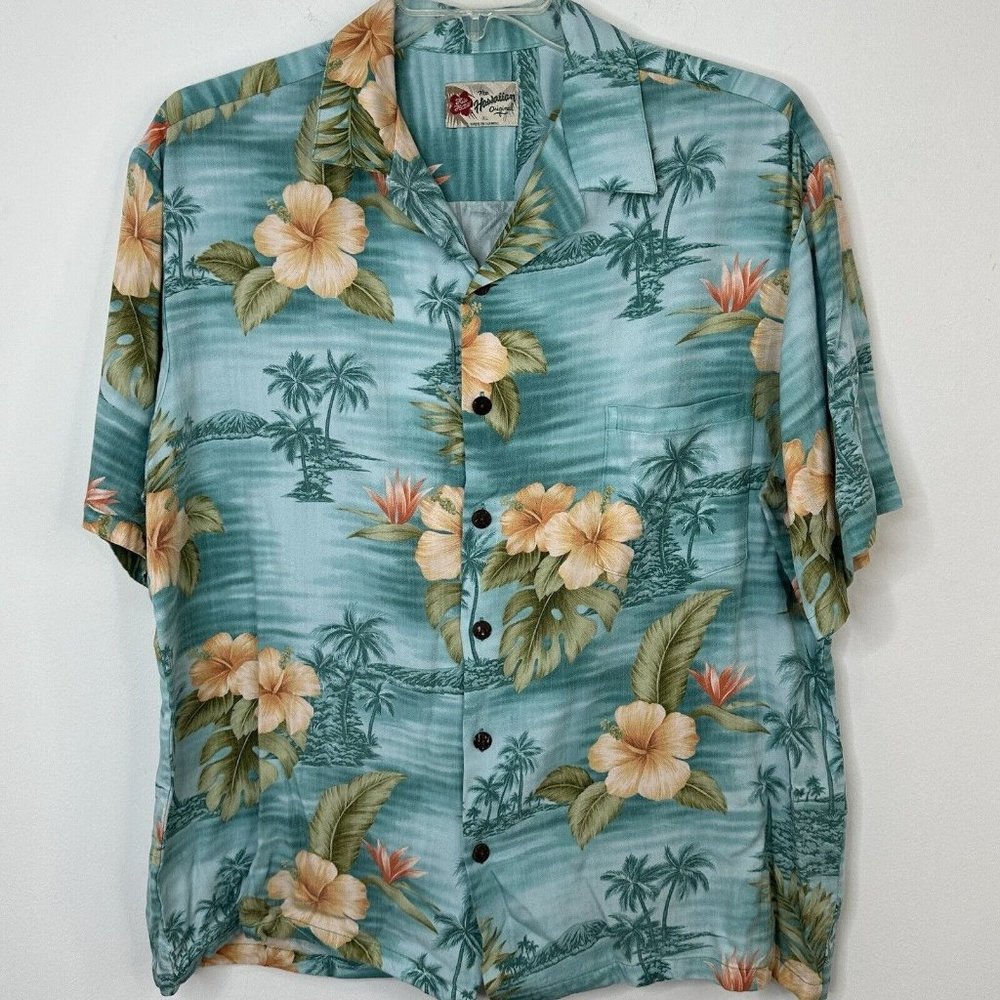 Vtg Hilo Hattie Mens Hawaiian Tropical Shirt Floral Ocean Palm Trees Button XL